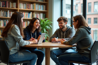 Groupe de jeunes adultes en discussion dans une bibliothèque moderne