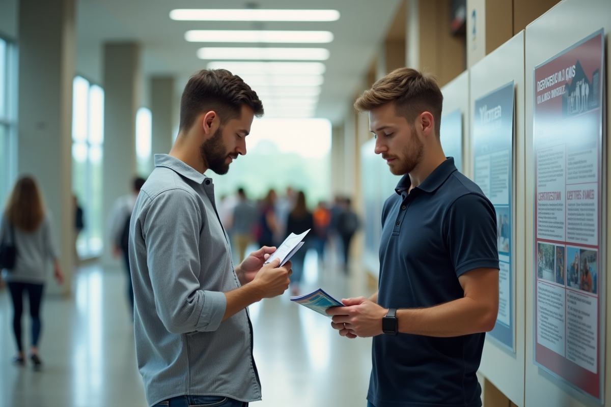 Deux jeunes hommes discutant devant un panneau d information dans un hall