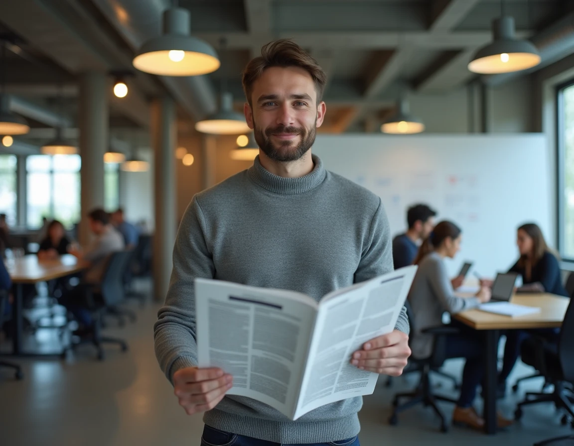 Jeune entrepreneur lisant un magazine de formation business dans un espace de coworking moderne