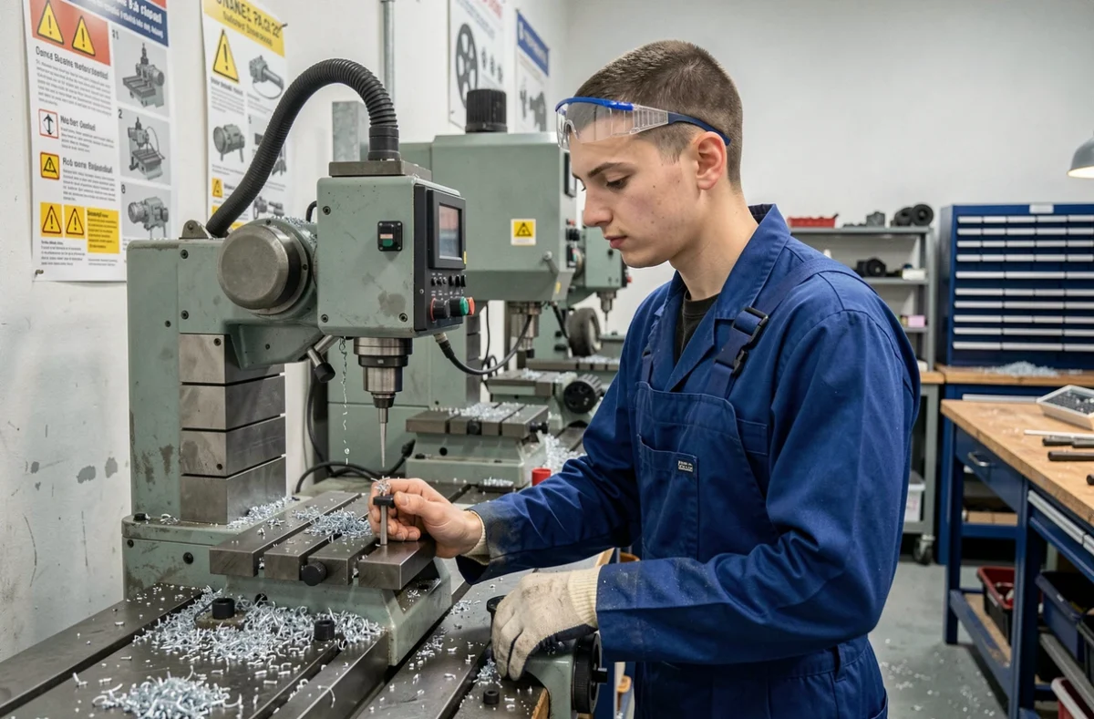 Apprenti du Lycée des métiers Les Eucalyptus opérant une machine industrielle lors d'une formation en alternance à Nice