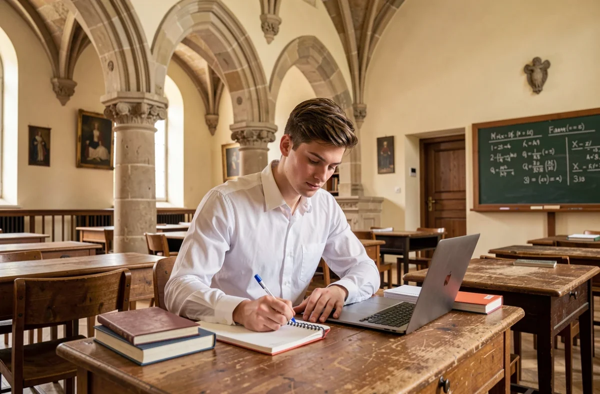 Lycéen en formation professionnelle au Lycée Saint-Vincent-de-Paul, prenant des notes dans une salle de classe traditionnelle