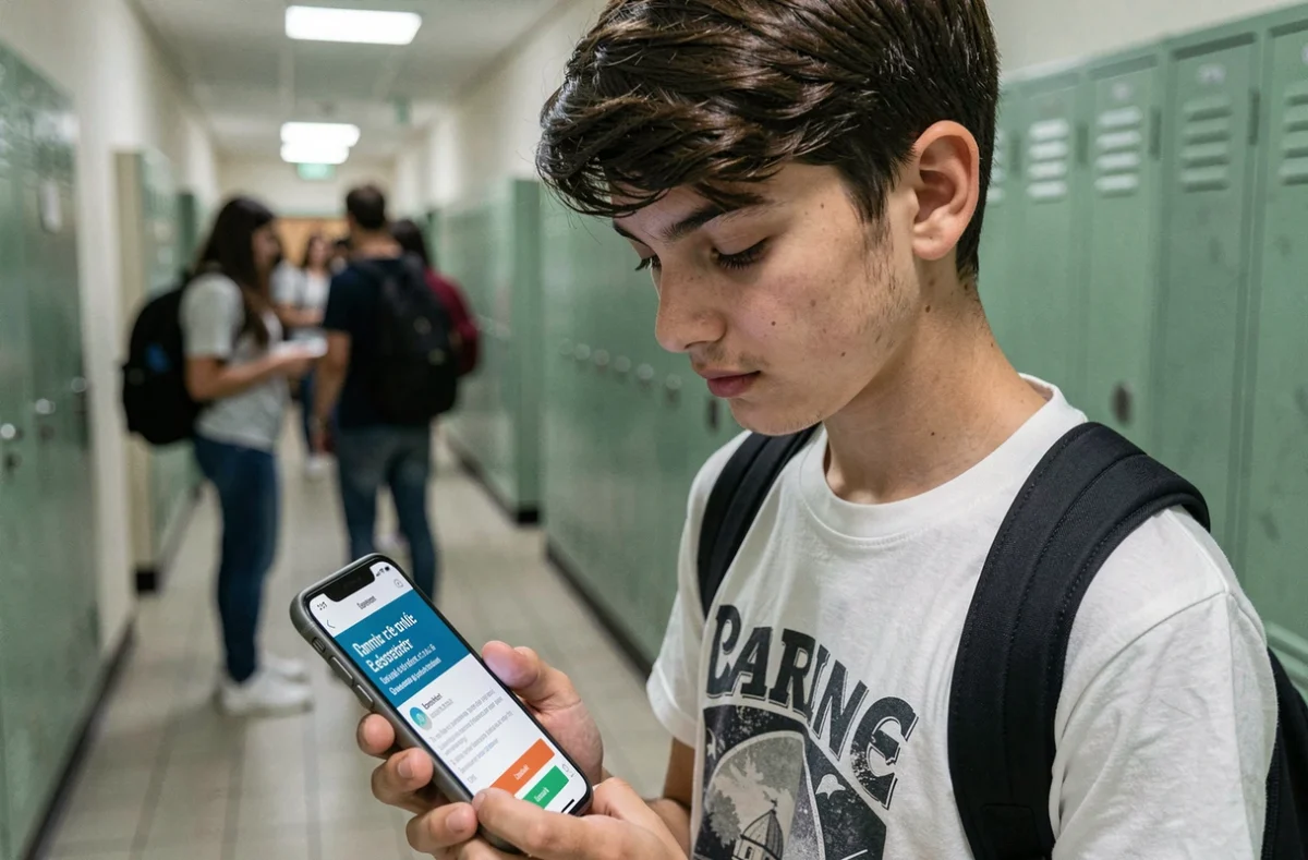 Lycéen consultant les notifications de son ENT Île-de-France sur smartphone dans un couloir scolaire