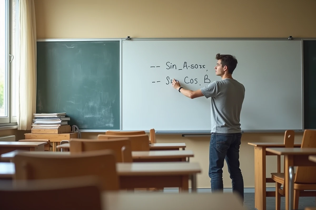 Lycéen écrivant la formule trigonométrique sin a cos b au tableau blanc dans une salle de classe