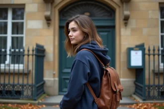 Lycéenne devant l'entrée d'un lycée dans le Val-de-Marne, réfléchissant au choix de son établissement scolaire