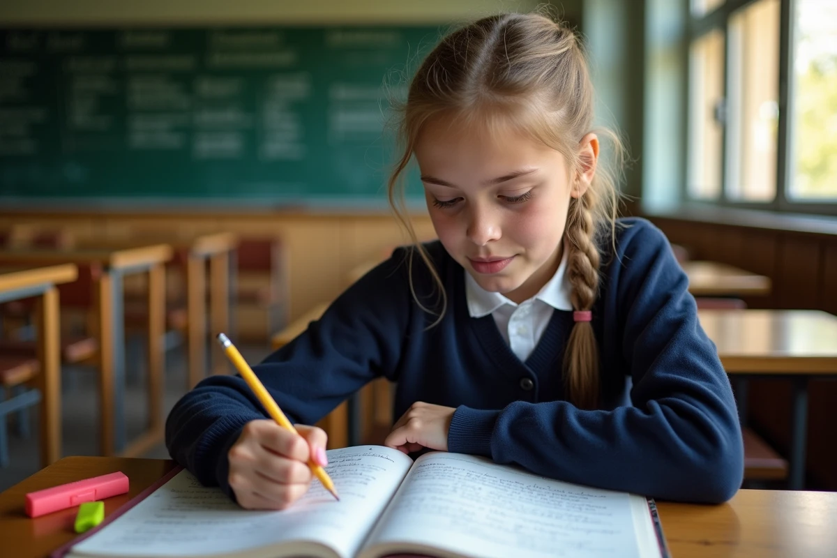 Lycéenne travaillant sur des exercices de classes grammaticales dans un cahier annoté en classe