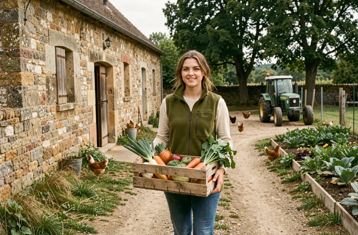 Apprentie à la Maison Familiale Rurale de La Grange Colombe, transportant des légumes récoltés dans une cour de ferme