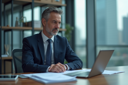 Manager financier en costume dans un bureau moderne