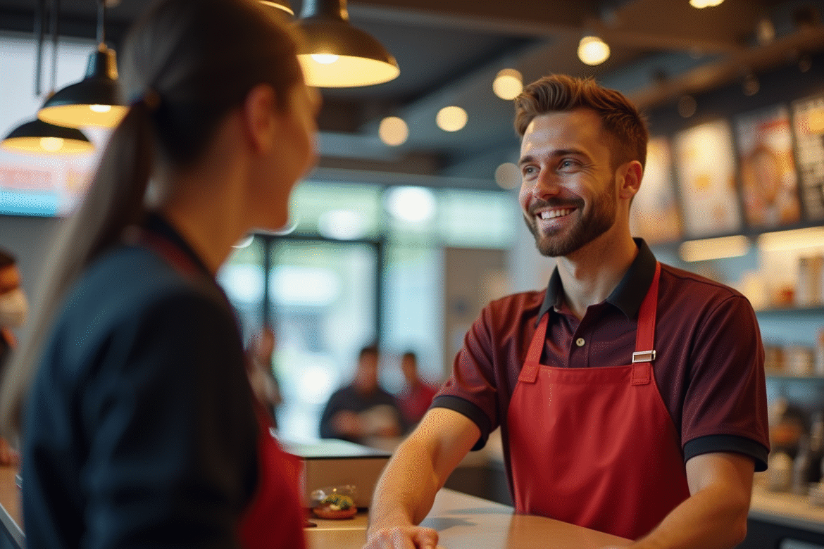 Manager confiant de McDonald's souriant derrière le comptoir