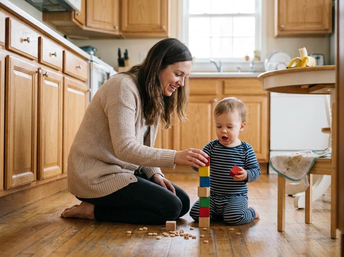 Jeune femme accroupie sur un plancher en bois jouant avec un tout-petit qui empile des cubes colorés dans une cuisine domestique chaleureuse