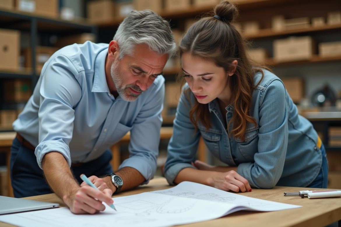 Mentor masculin et apprentie étudiant en atelier