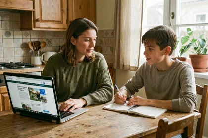 Mère et fils consultant le site actualité de l'école sur un ordinateur portable à la maison