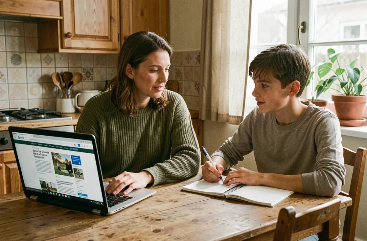 Mère et fils consultant le site actualité de l'école sur un ordinateur portable à la maison