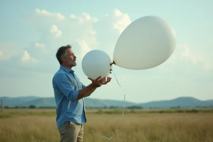 Homme météorologue avec ballon météo dans un champ