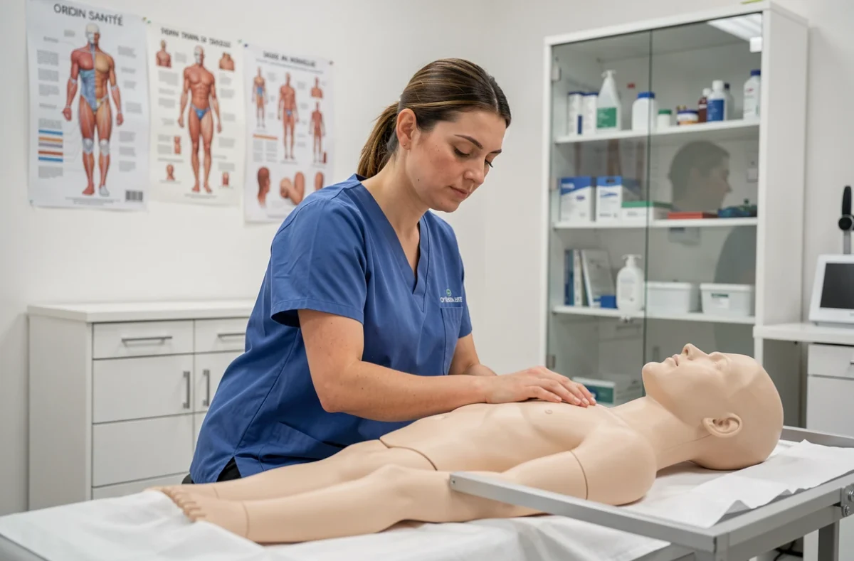 Stagiaire en formation santé pratiquant une simulation clinique chez Orion Santé à Marseille