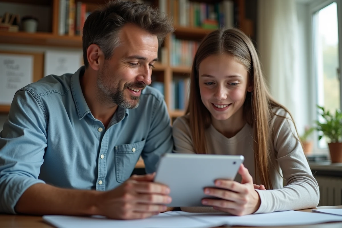 Père et fille discutant avec une tablette dans un bureau à la maison