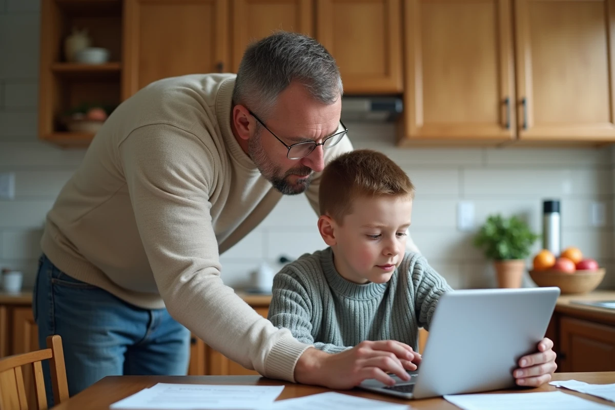 Père et fils regardant leurs notes à la table de cuisine