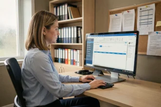 Personnelle administrative utilisant le logiciel Esterel Aix sur son ordinateur dans un bureau universitaire