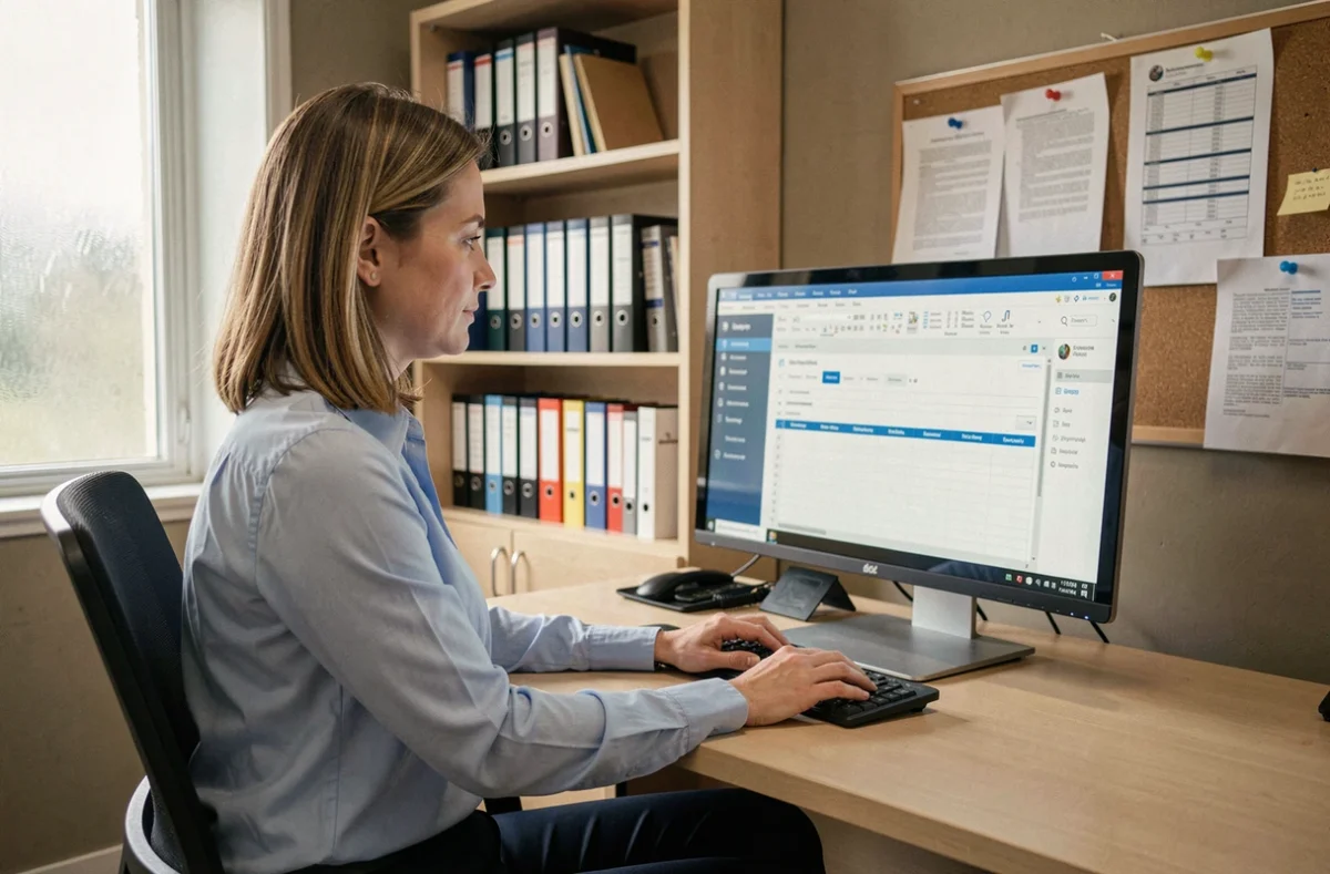Personnelle administrative utilisant le logiciel Esterel Aix sur son ordinateur dans un bureau universitaire