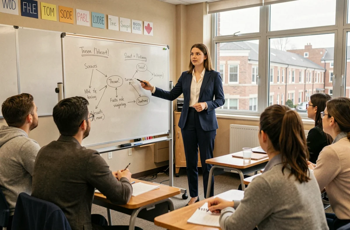 Étudiante en alternance à l'école Pigier Saint-Quentin-en-Yvelines, présentant devant ses camarades dans une salle de cours