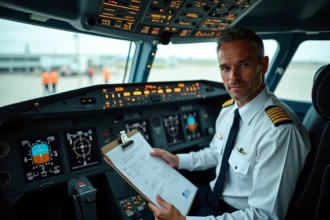 Pilote d'avion en uniforme Air France dans le cockpit d'un avion commercial consultant son plan de vol