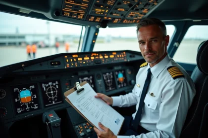 Pilote d'avion en uniforme Air France dans le cockpit d'un avion commercial consultant son plan de vol