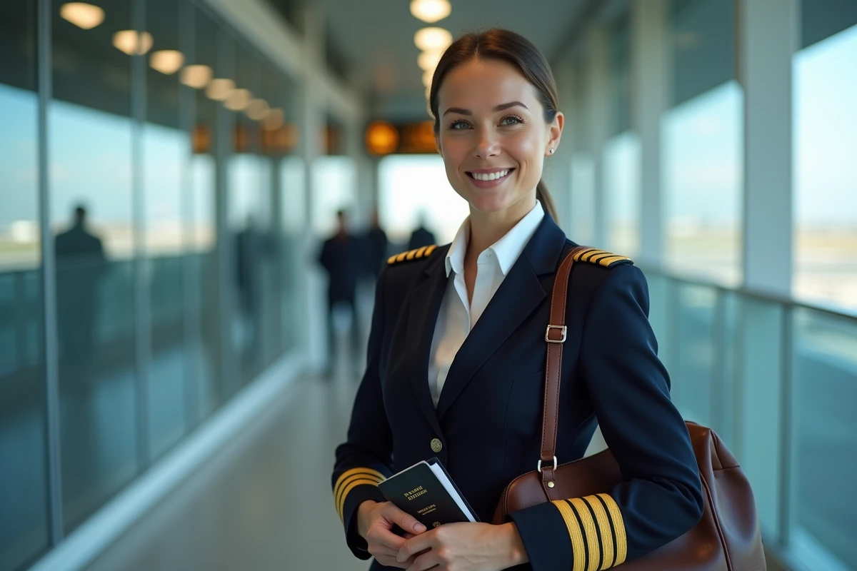 Pilote femme en uniforme de compagnie aérienne à l'aéroport tenant un sac de vol professionnel