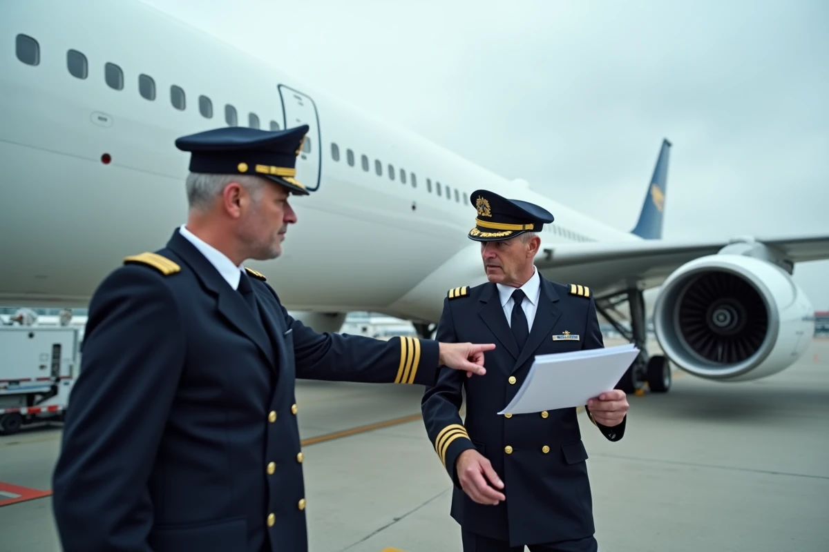 Deux pilotes de ligne en uniforme effectuant une inspection pré-vol d'un avion commercial sur le tarmac