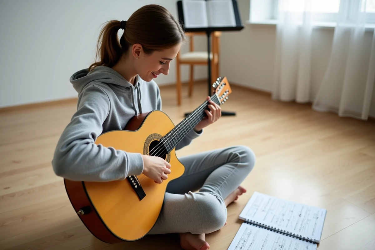 Jeune femme assise par terre qui s'entraîne à la gamme de sol majeur sur une guitare classique avec des partitions autour d'elle