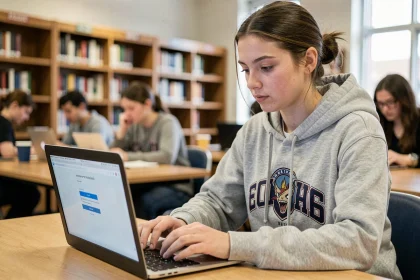 Étudiante se connectant pour la première fois à l'ENT ULHN sur son ordinateur portable dans une bibliothèque universitaire