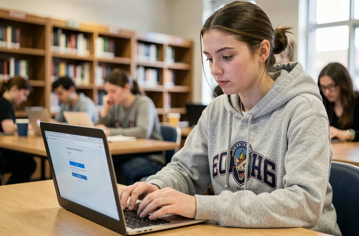Étudiante se connectant pour la première fois à l'ENT ULHN sur son ordinateur portable dans une bibliothèque universitaire