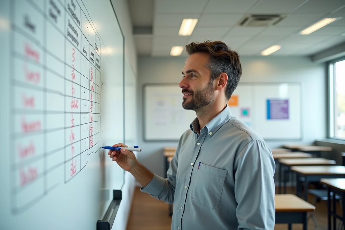 Professeur de français expliquant les classes grammaticales au tableau dans une salle de classe