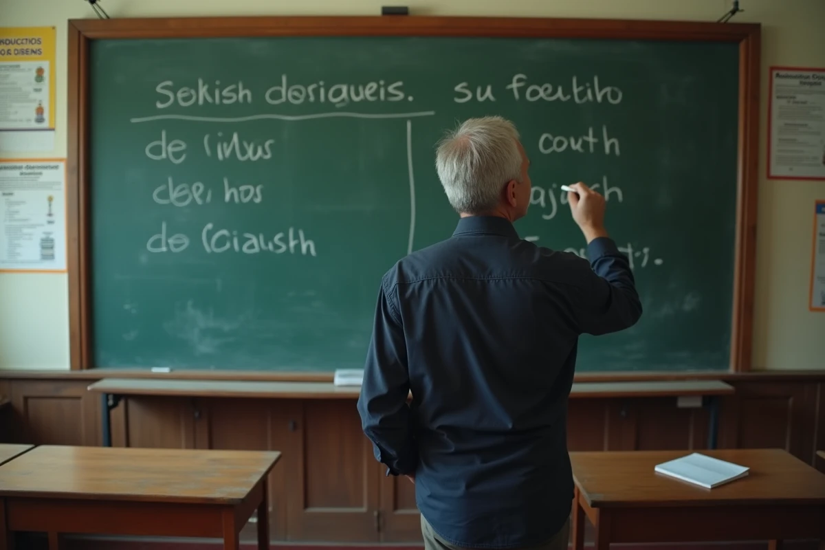 Professeur écrivant des conjugaisons du passé simple espagnol au tableau dans une salle de classe universitaire