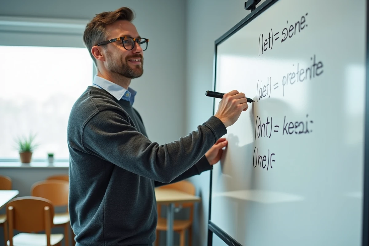 Professeur écrivant la conjugaison du verbe tener en espagnol sur un tableau blanc dans une salle de classe