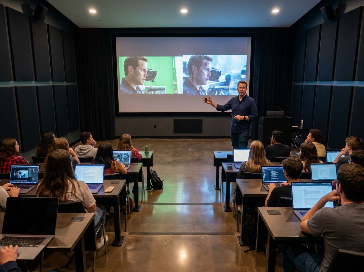Professeur d'effets spéciaux numériques présentant une comparaison CGI devant des étudiants en école de cinéma