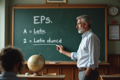 Professeur écrivant EPS sur le tableau en classe française