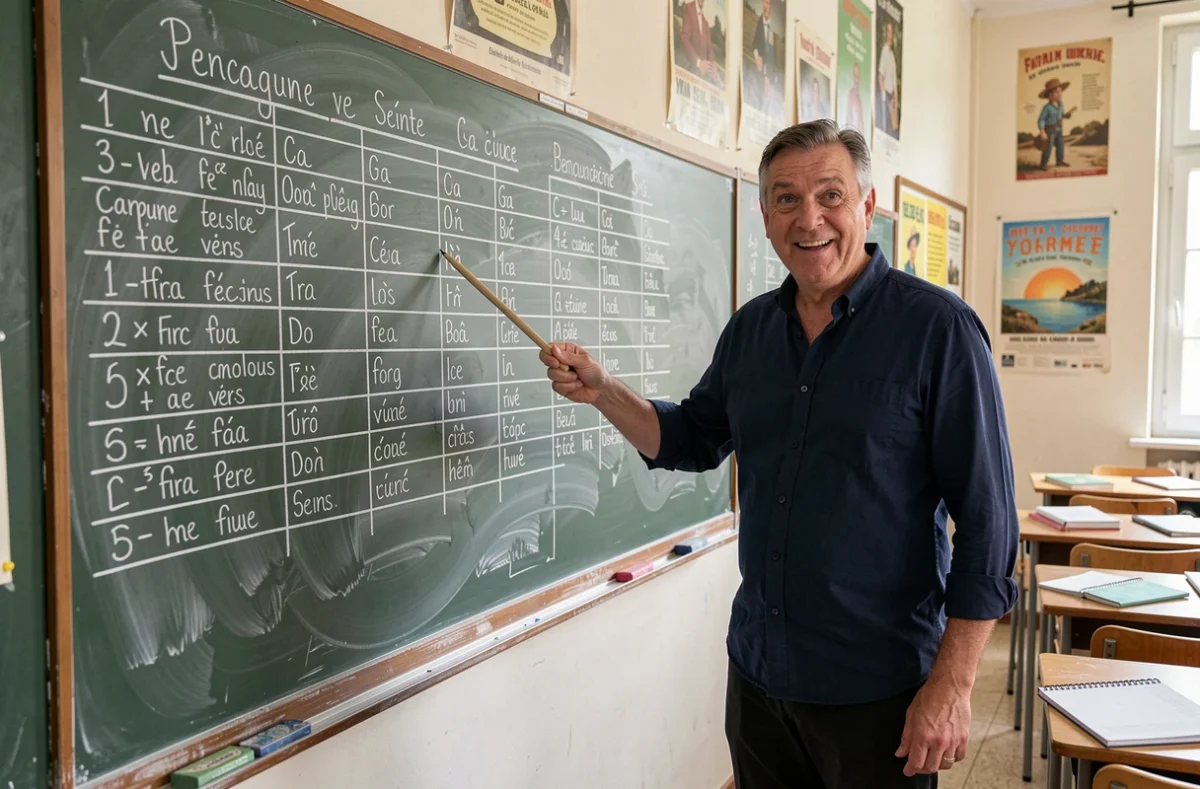 Professeur expliquant les verbes du 2ème groupe au tableau dans une salle de classe française avec des conjugaisons écrites à la craie