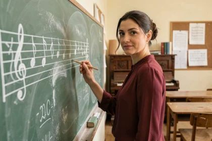 Professeure de musique montrant la clé de FA sur un tableau noir dans une salle de cours avec piano