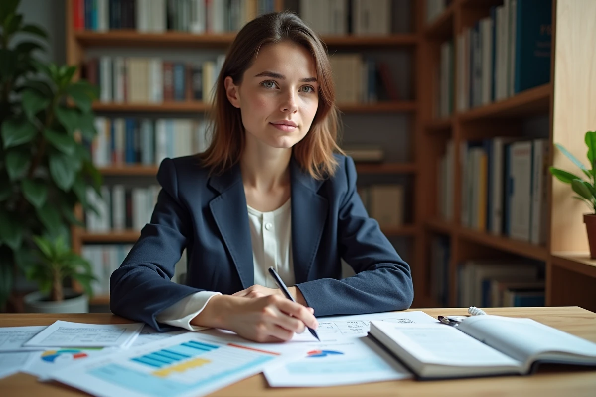 Jeune professeure débutante gérant son budget sur des feuilles de calcul à son bureau à domicile