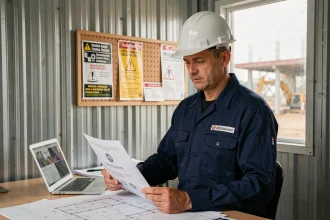 Professionnel du BTP examinant son certificat de compétences dans un bureau de chantier avec des plans architecturaux