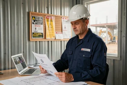Professionnel du BTP examinant son certificat de compétences dans un bureau de chantier avec des plans architecturaux