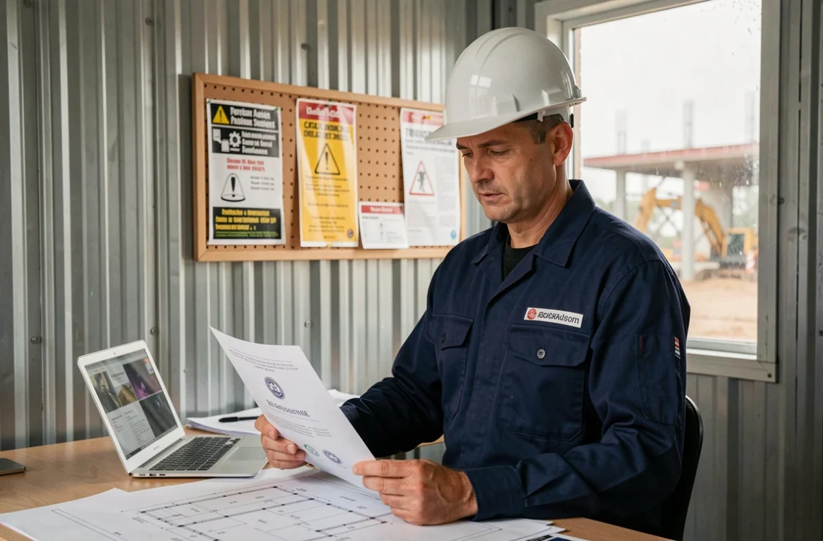 Professionnel du BTP examinant son certificat de compétences dans un bureau de chantier avec des plans architecturaux
