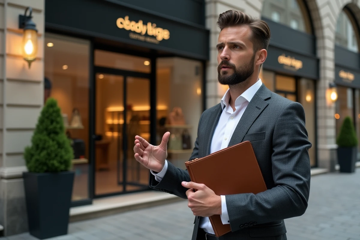 Professionnel du luxe devant la vitrine d'une boutique haut de gamme tenant un portfolio