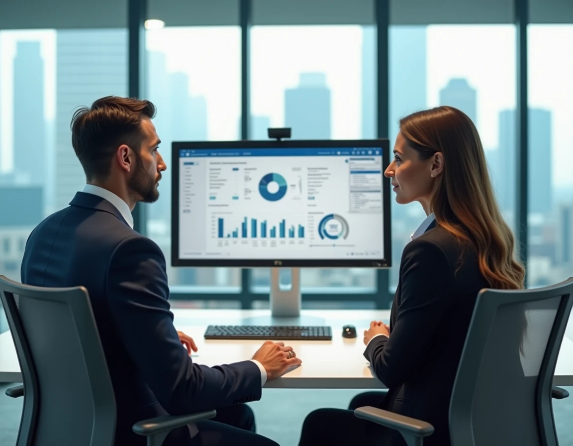 Deux professionnels analysant un profil de candidat sur un tableau de bord de recrutement numérique dans une salle de réunion moderne