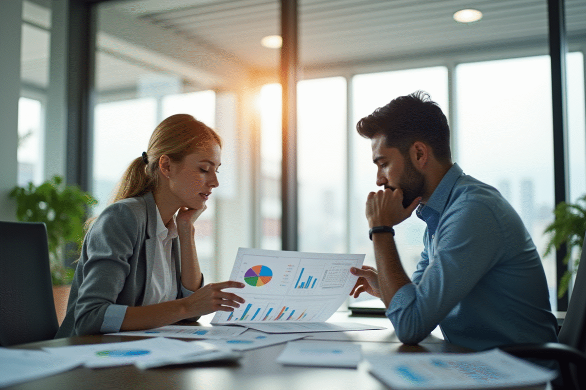 Professionnels en réunion avec graphiques et documents