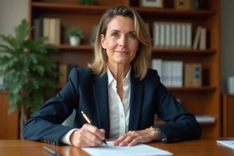 Femme professionnelle rédigeant une lettre de recommandation à la main dans un bureau élégant