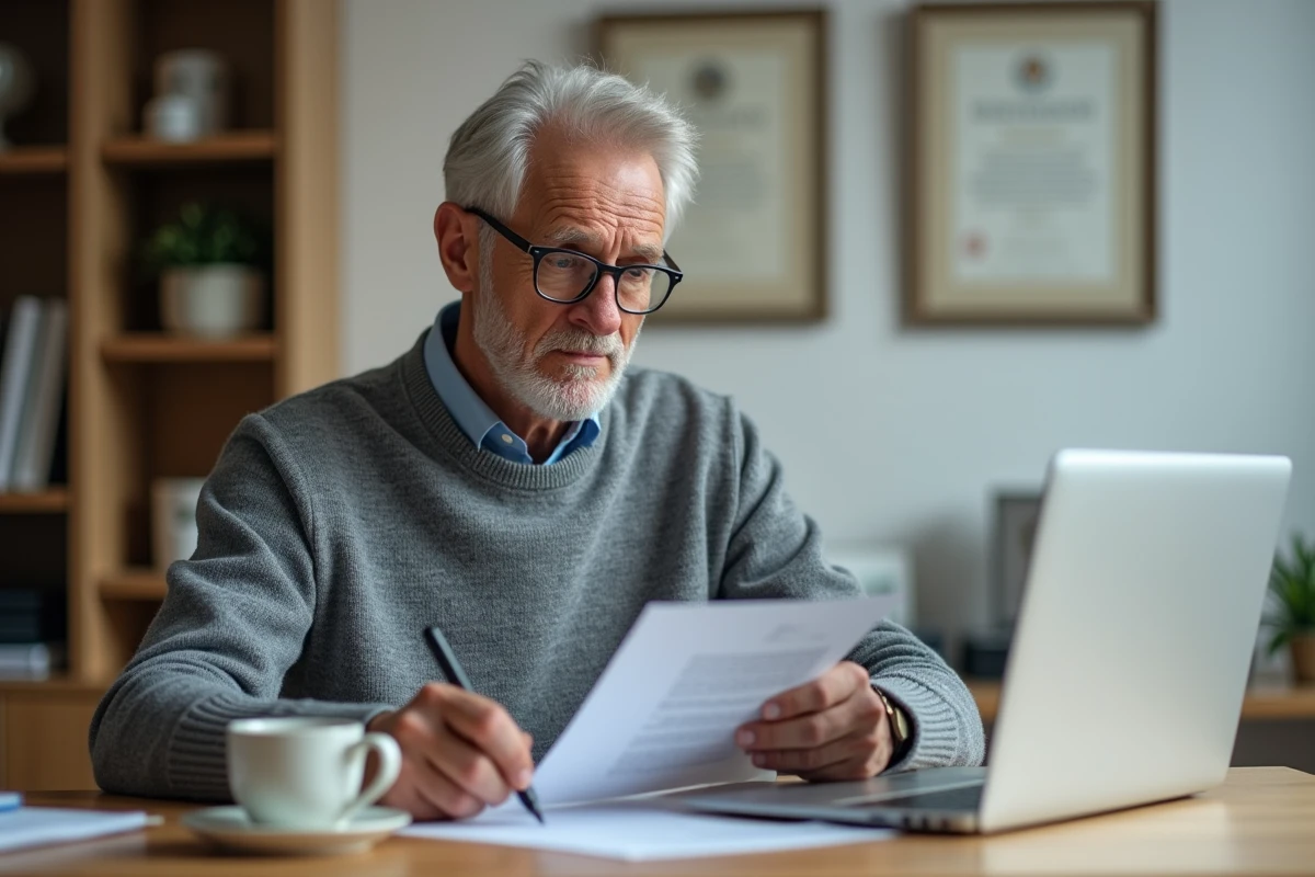 Homme senior relisant une lettre de recommandation imprimée dans un bureau à domicile
