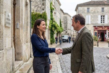 Jeune femme saluant un homme à Cognac devant un bâtiment ancien