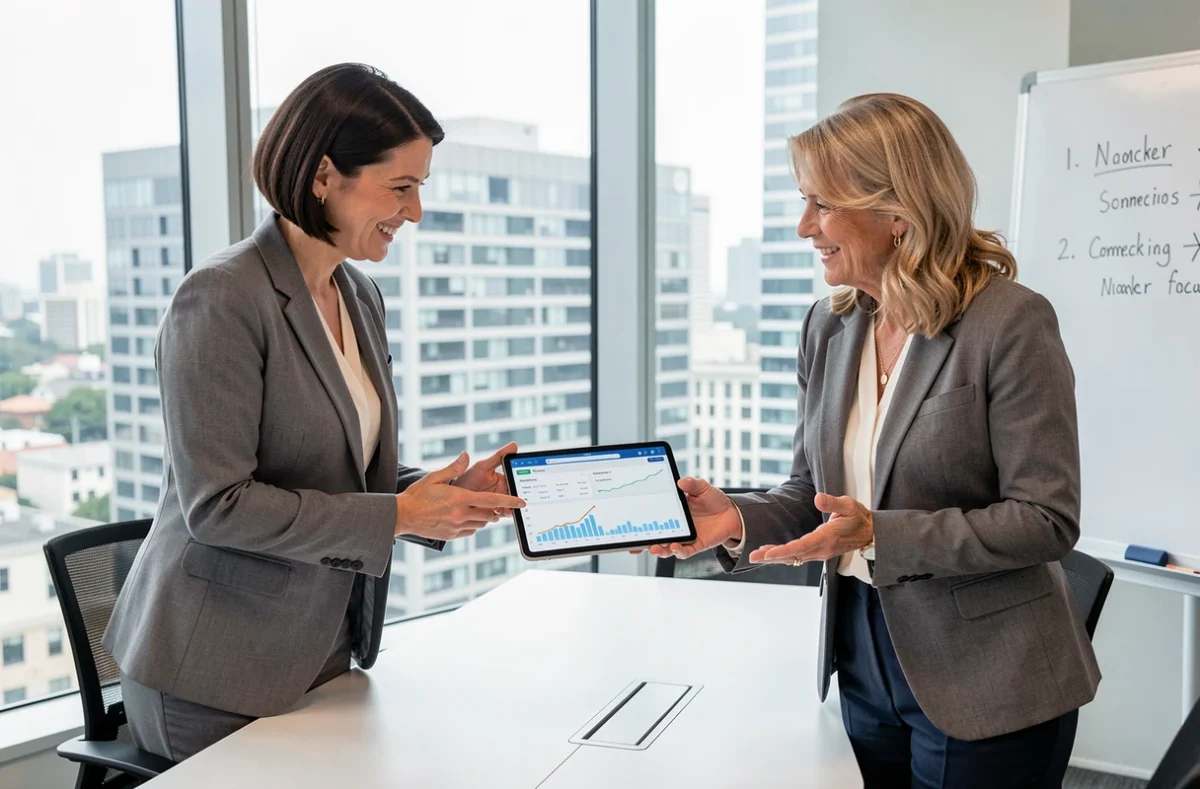 Deux femmes professionnelles analysant une stratégie de prospection automatisée sur LinkedIn en réunion