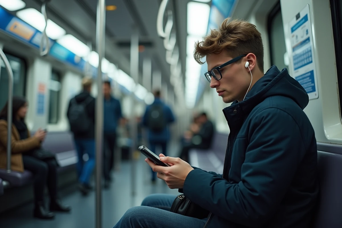 Jeune homme qui révise les questions du code de la route sur une application mobile dans le métro