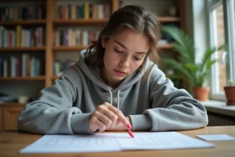 Jeune femme révisant les 100 questions du permis de conduire avec des fiches imprimées sur un bureau en bois à la maison